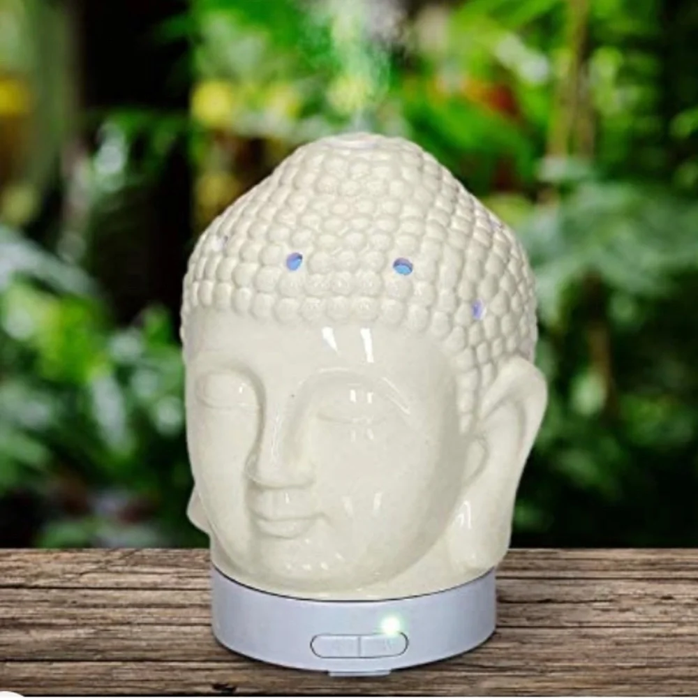 New, Aromar Ultrasonic Aroma Oil Diffuser Buddha Ceramic Deco Art White